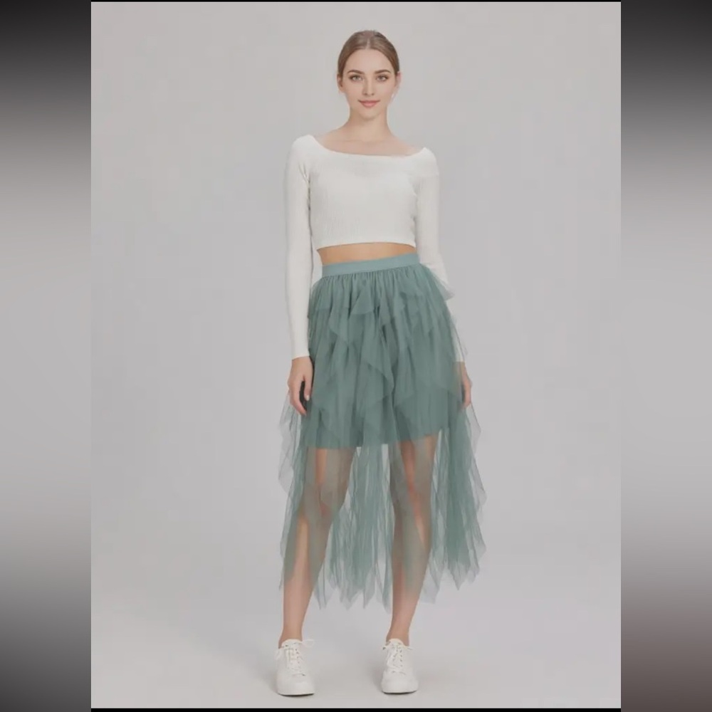 Very J Barbie Layered Tulle Waterfall Midi Skirt- Sage